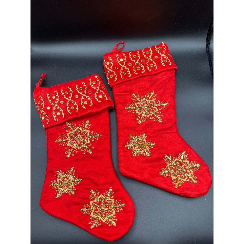 Red Christmas Stockings Set of 2 Snowflake Gold Embroidery Holiday Decor 18"